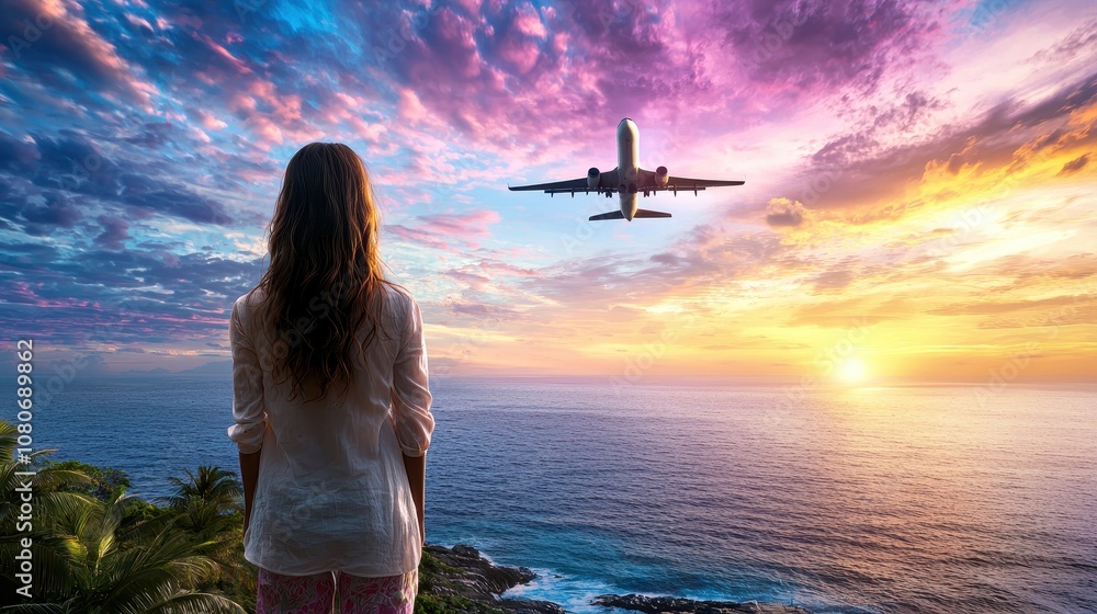 Obraz premium Travel: A solo traveler standing on a cliffside, looking at a vast ocean with a plane flying overhead, representing the endless possibilities of travel.