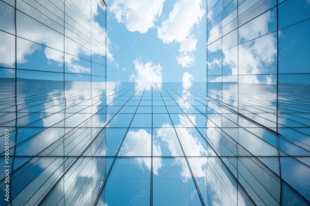 Sky and clouds reflected on tall modern glass building facade Sky and clouds reflected on tall modern glass building facade