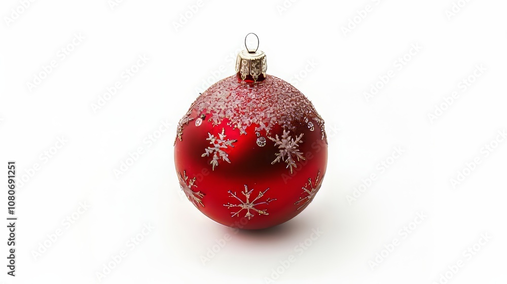 A red ornament with snowflakes on it. It is sitting on a white background. The ornament is hanging from a string A red ornament with snowflakes on it. It is sitting on a white background. The ornament is hanging from a string
