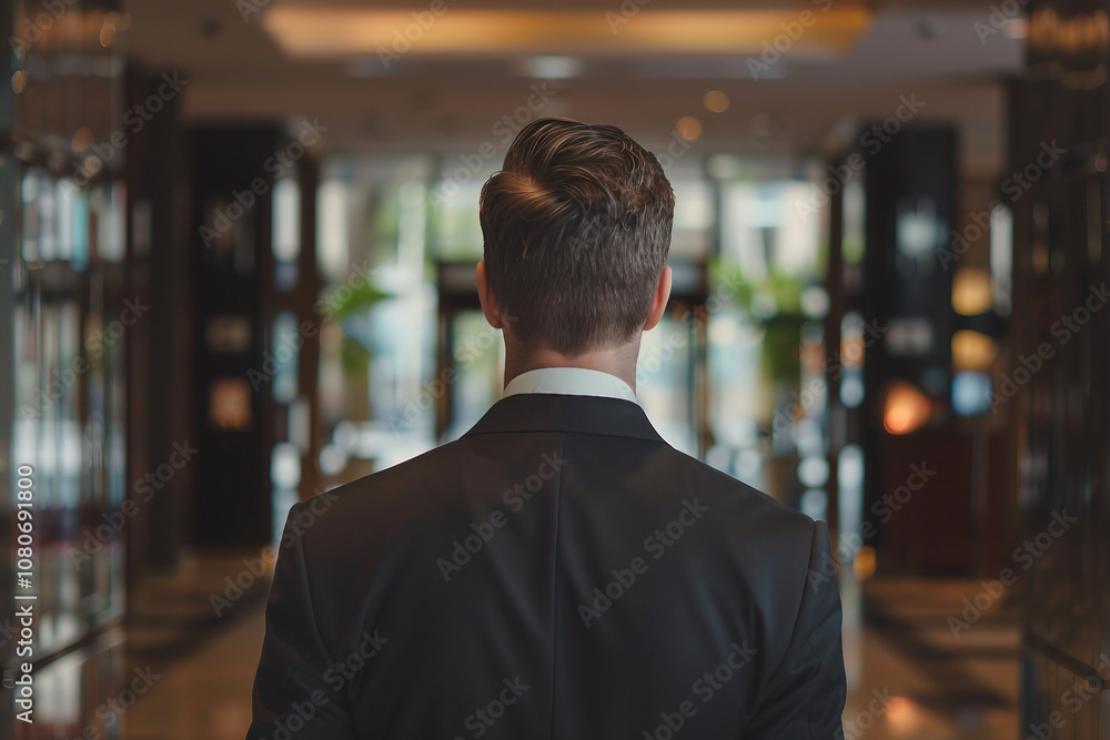 Generative AI Image of a Bearded Male Traveler Arriving at Hotel Corridor with Backpack Generative AI Image of a Bearded Male Traveler Arriving at Hotel Corridor with Backpack