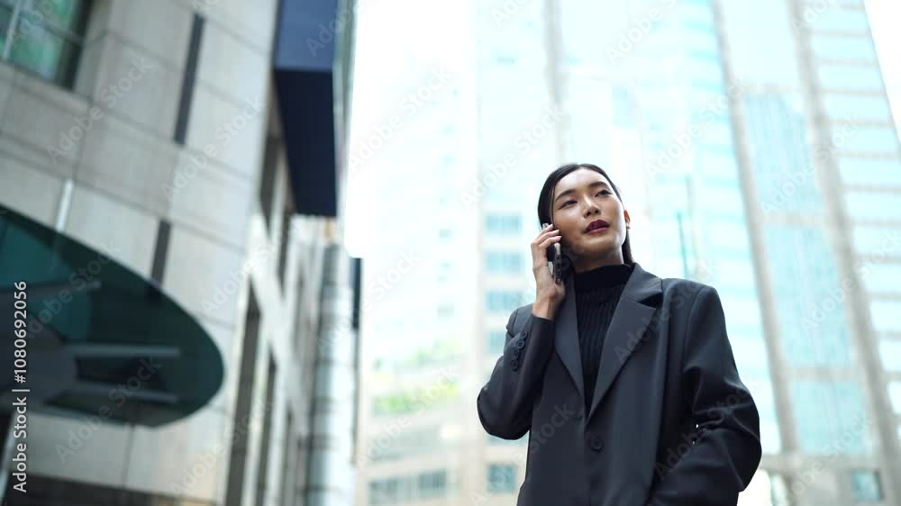 Two young Asian businesswomen outside their company with a skyscraper in the background.