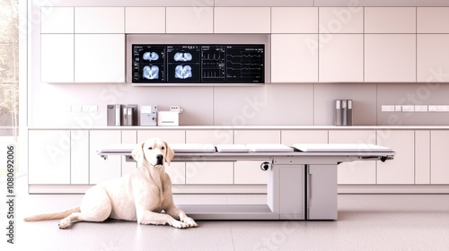 A dog relaxing in a modern veterinary clinic with sleek design and advanced equipment. photo