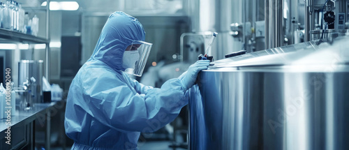 Worker in protective suit cleans metal tank in modern biotech facility focused on bioorganic medical materials development