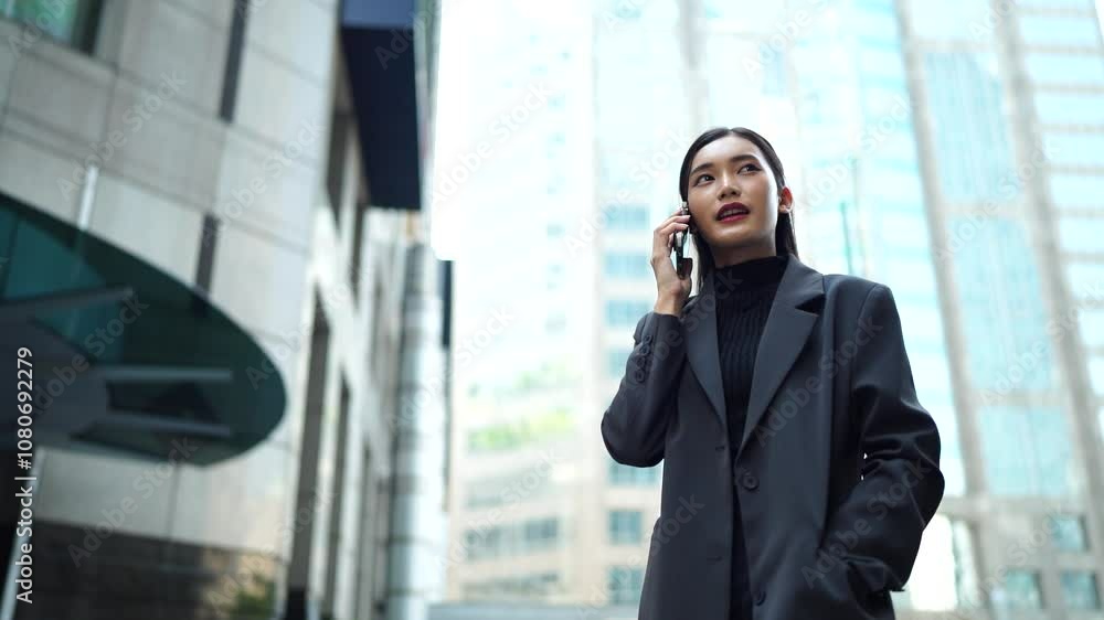 Two young Asian businesswomen outside their company with a skyscraper in the background. Two young Asian businesswomen outside their company with a skyscraper in the background.