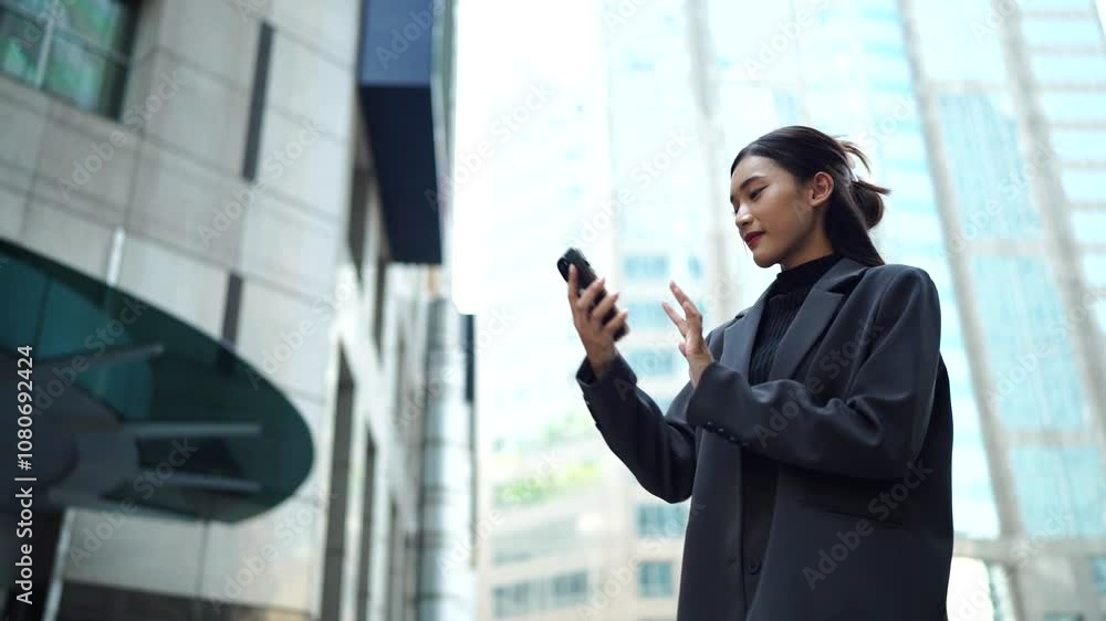 Two young Asian businesswomen outside their company with a skyscraper in the background. Two young Asian businesswomen outside their company with a skyscraper in the background.