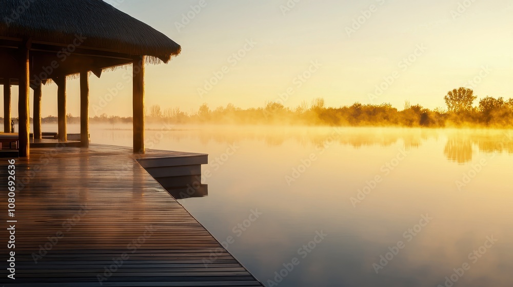 Serene sunrise reflections on calm water by a wooden deck in a peaceful nature setting. Serene sunrise reflections on calm water by a wooden deck in a peaceful nature setting.