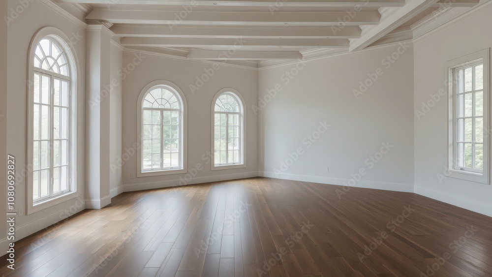 Spacious Modern Living Room with Arched Windows and Hardwood Floors, Perfect for Relaxation and Entertaining Spacious Modern Living Room with Arched Windows and Hardwood Floors, Perfect for Relaxation and Entertaining