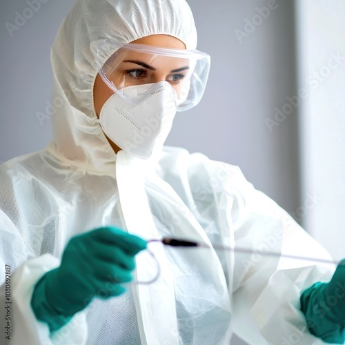 Safety: A worker in full protective gear spraying disinfectant across entryways to protect the animals from disease.