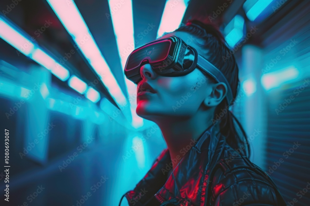 Futuristic neon-lit urban scene with person wearing vr goggles in an underground setting Futuristic neon-lit urban scene with person wearing vr goggles in an underground setting