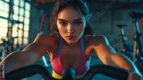 Determined athlete pushes her limits during an intense workout session at the gym, showcasing strength and focus in a vibrant, dimly lit setting. photo