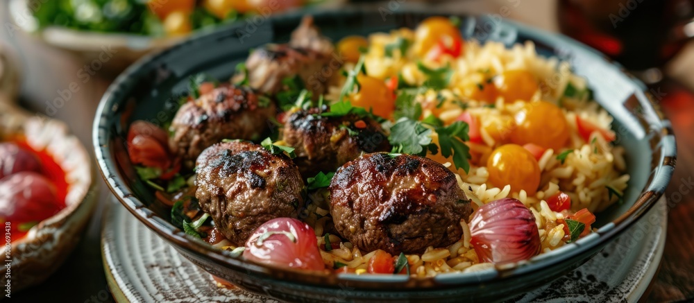 Close-up of a bowl of rice with grilled meatballs, cherry tomatoes, and red onions. Close-up of a bowl of rice with grilled meatballs, cherry tomatoes, and red onions.