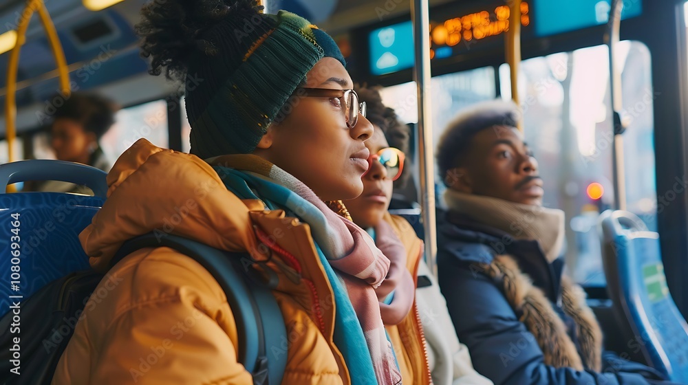 A group of diverse individuals sitting on a bus, engaged in thoughtful conversation. A group of diverse individuals sitting on a bus, engaged in thoughtful conversation.