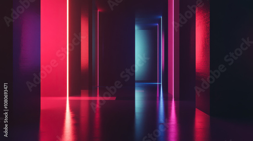 Vibrant corridors illuminated by neon lights create an otherworldly atmosphere in a futuristic space at night