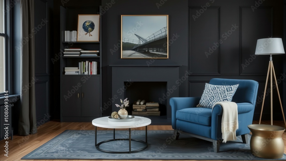 Fototapeta premium Elegant Modern Living Room with Blue Armchair, Cozy Atmosphere, Perfect for Relaxation and Reading