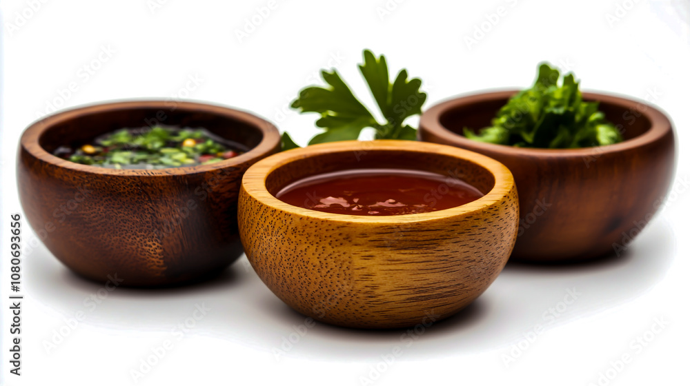 Set of sauces in wooden bowls, isolated on a white background. Set of sauces in wooden bowls, isolated on a white background.
