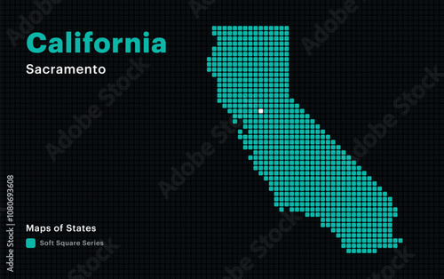 Creative Dotted Map of California with capital Sacramento. Soft Square dots. United States maps