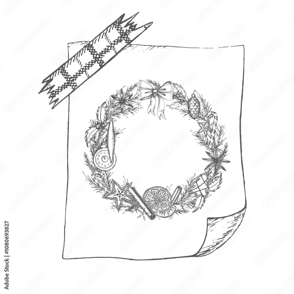 Christmas wreath made of fir branches and holly with cookies, corn, mandarin, cinnamon, anis and bow on sticker note Graphics illustration. Can use on postcard and wrapping paper, Christmas textiles. Christmas wreath made of fir branches and holly with cookies, corn, mandarin, cinnamon, anis and bow on sticker note Graphics illustration. Can use on postcard and wrapping paper, Christmas textiles.