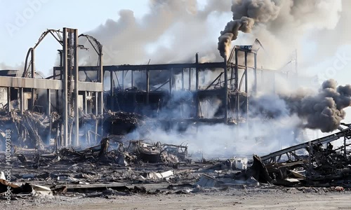 A burnt building with smoke still rising from the debris. photo