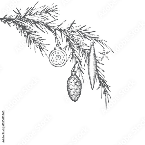 Spruce branch with glass Christmas tree decorations. Graphics illustration. Composition for postcards, wrapping paper, New Year's textiles and stickers. For christmas design. Vector.