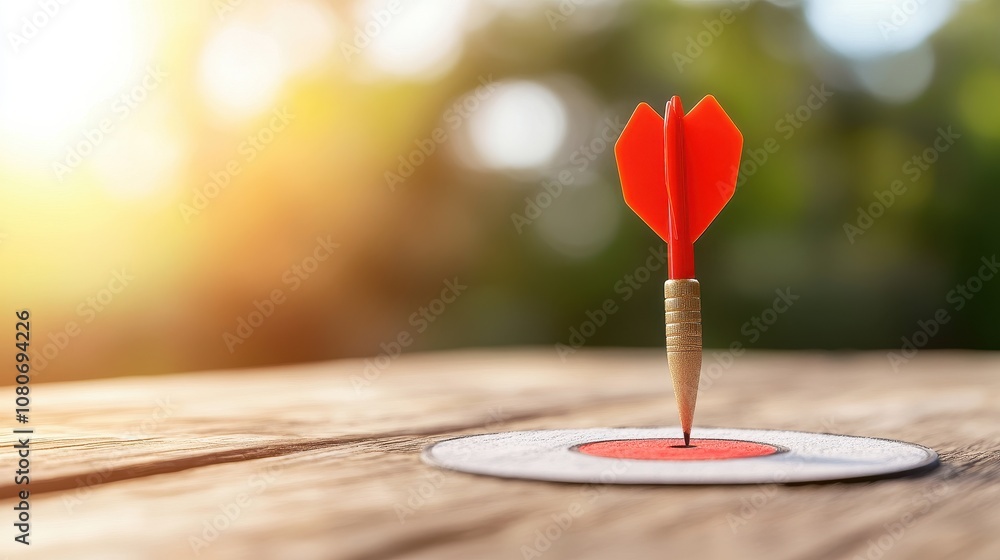 Red Dart Hitting Bullseye on Wooden Table, Symbolizing Success and Achievement Red Dart Hitting Bullseye on Wooden Table, Symbolizing Success and Achievement