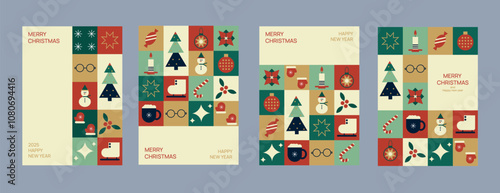 Big set of Christmas greeting card with mosaic geometric ornament.  Marry Christmas and happy new year.  Trendy design for holiday invitation, poster, cover, template.