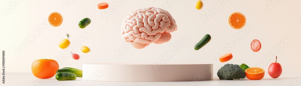 Creative concept of a brain surrounded by vibrant fruits and vegetables on a minimal background. Creative concept of a brain surrounded by vibrant fruits and vegetables on a minimal background.