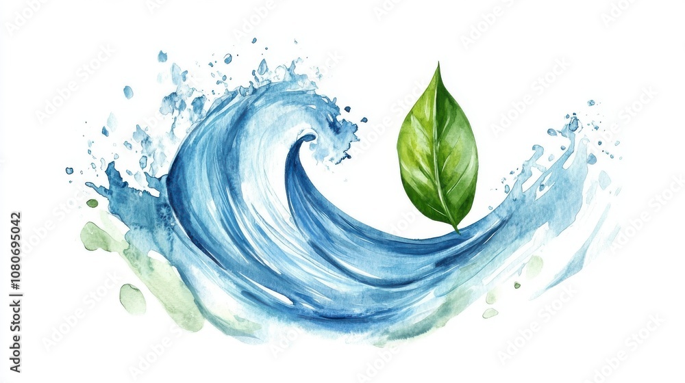 Water splash with green leaf, symbolizing nature and purity, white isolate background. Water splash with green leaf, symbolizing nature and purity, white isolate background.