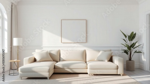 Elegant Minimalist Living Room with White Sofa, Modern Decor, and Natural Lighting - Perfect for Relaxation and Modern Home Decor Inspiration