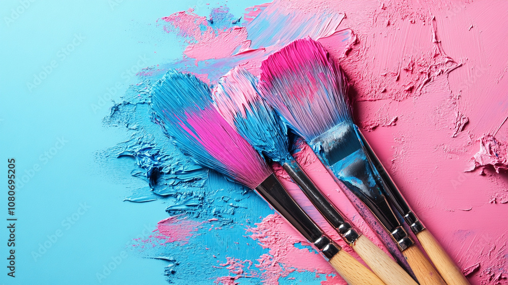 Obraz premium Colorful brushes on a vibrant blue and pink paint background at an artist's workspace