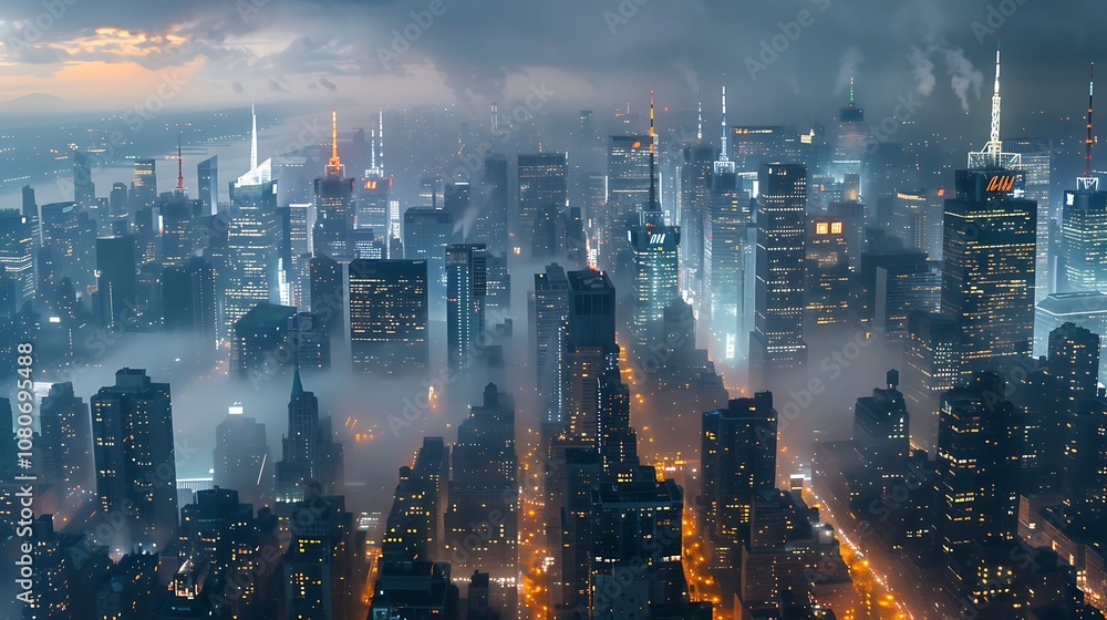 Fototapeta premium Aerial view of a city skyline shrouded in fog, illuminated by city lights and skyscrapers.