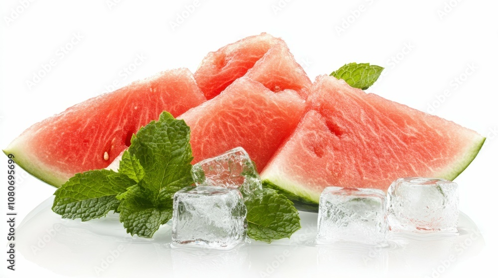detailed view of fresh watermelon slices with ice cubes and mint leaves, on a clear white background, refreshing look detailed view of fresh watermelon slices with ice cubes and mint leaves, on a clear white background, refreshing look