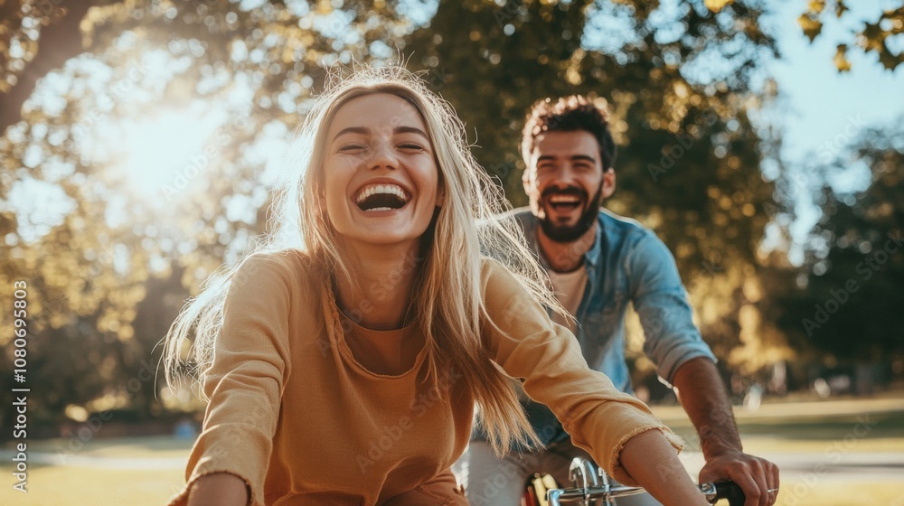 Naklejka premium of a young couple riding bikes in a sunlit park, laughter and joy as they ride, green trees and bright sky enhance scene