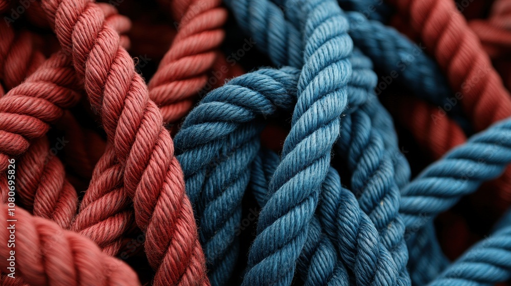Close up of Intertwined Red and Blue Ropes, Creating a Textural Abstract Background Close up of Intertwined Red and Blue Ropes, Creating a Textural Abstract Background