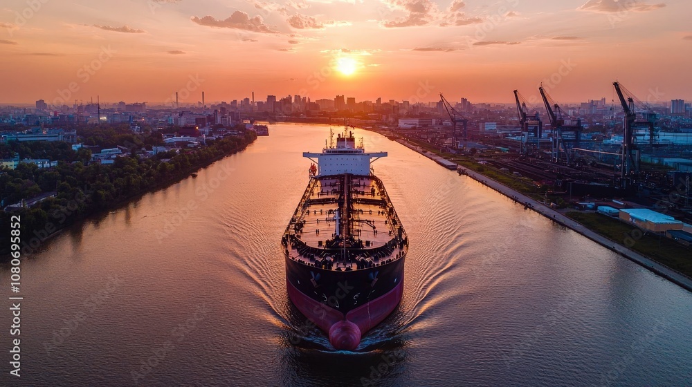 A tranquil sunrise over the horizon, with the silhouette of a cargo vessel heading to port. A tranquil sunrise over the horizon, with the silhouette of a cargo vessel heading to port.