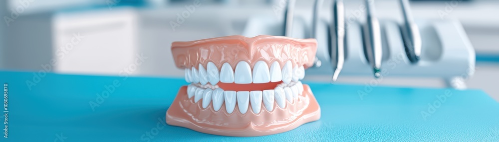 Dental model showcasing realistic teeth on a dental clinic table, perfect for educational and professional use. Dental model showcasing realistic teeth on a dental clinic table, perfect for educational and professional use.