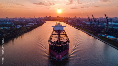 A tranquil sunrise over the horizon, with the silhouette of a cargo vessel heading to port. photo