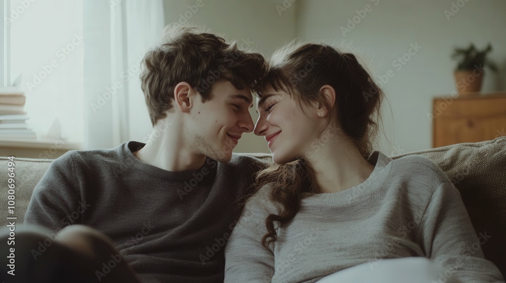 Fototapeta premium of a young couple sitting on a couch, looking at each other and smiling, cozy living room setting, natural indoor light