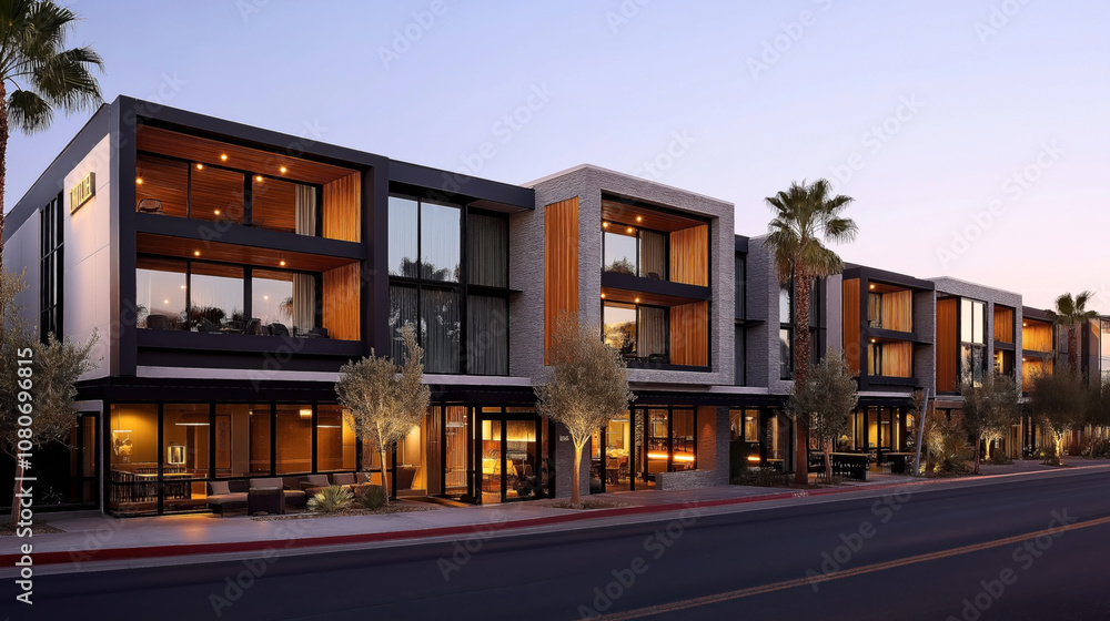 Modern multi-story apartment building with large windows and balconies at dusk, featuring palm trees and street view under a clear sky. Modern multi-story apartment building with large windows and balconies at dusk, featuring palm trees and street view under a clear sky.