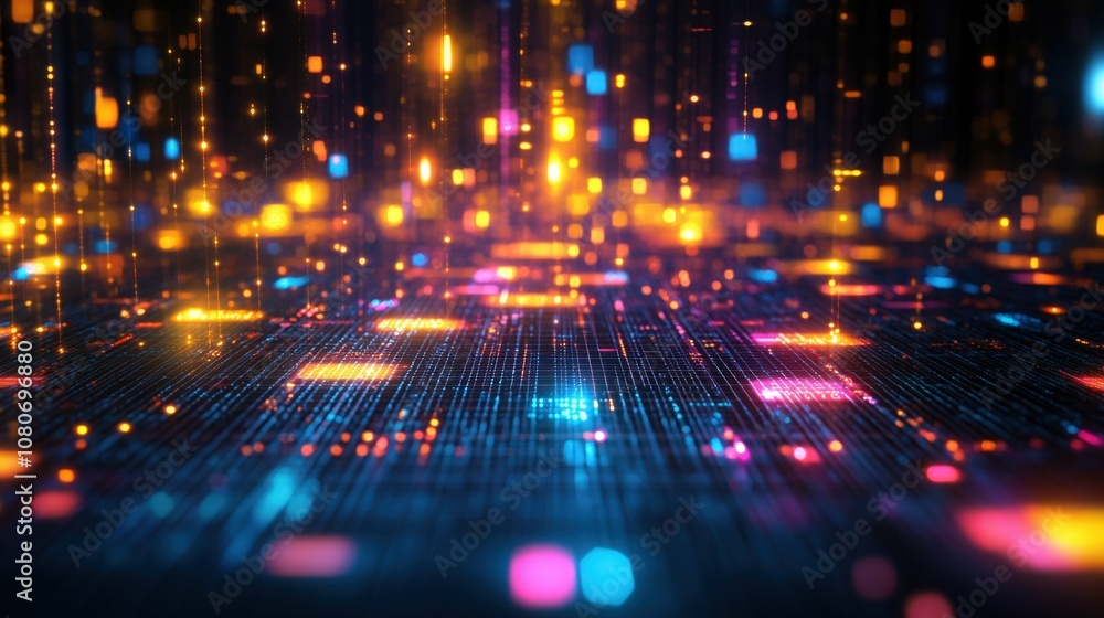 Abstract digital background with glowing squares and lines in neon colors, representing network and data technology Abstract digital background with glowing squares and lines in neon colors, representing network and data technology