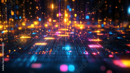 Abstract digital background with glowing squares and lines in neon colors, representing network and data technology