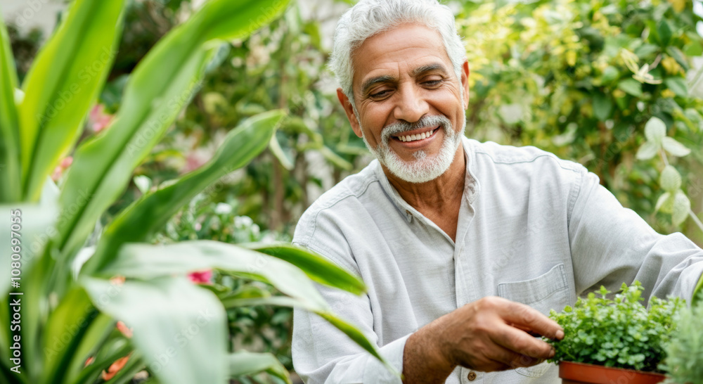 Fototapeta premium Senior man gardening with potted plants in lush green garden