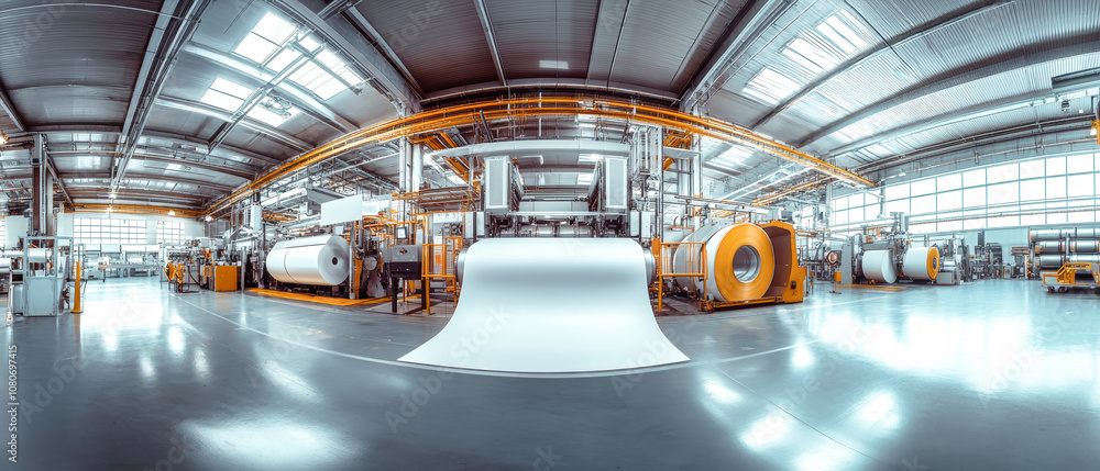 A vibrant printing house filled with large white paper rolls on a busy production line showcasing modern industrial technology and design A vibrant printing house filled with large white paper rolls on a busy production line showcasing modern industrial technology and design