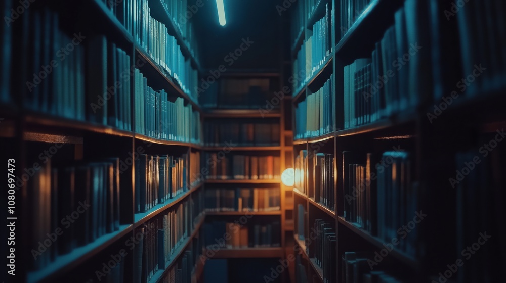 Fototapeta premium A narrow aisle in a library filled with books and illuminated by a warm light.