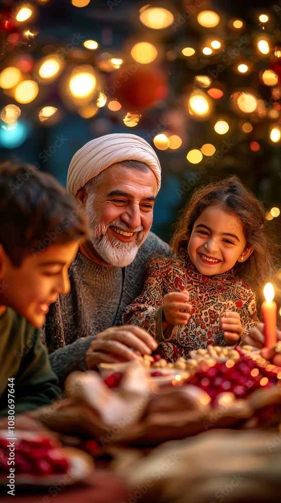 Joyful family celebrating Yalda Night around a festive table with pomegranates and walnuts, Persian decor, and warm ambient lighting Joyful family celebrating Yalda Night around a festive table with pomegranates and walnuts, Persian decor, and warm ambient lighting