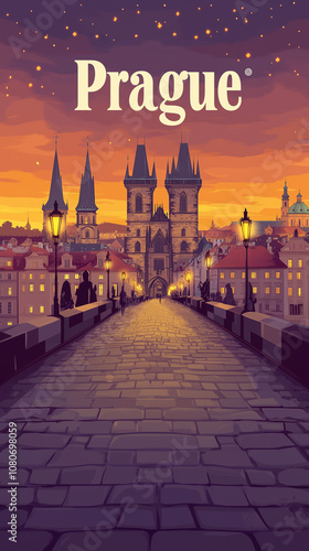 A charming, flat vector-style poster of Prague, Czech Republic. Showcase the Charles Bridge with its historic towers, set against a softly colored evening sky.