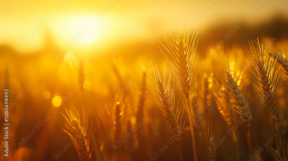 Golden wheat field swaying gently in the warm breeze under a bright blue sky during a late summer afternoon