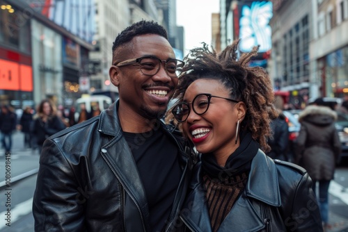 Portrait of a joyful mixed race couple in their 30s sporting a stylish leather blazer over busy urban street