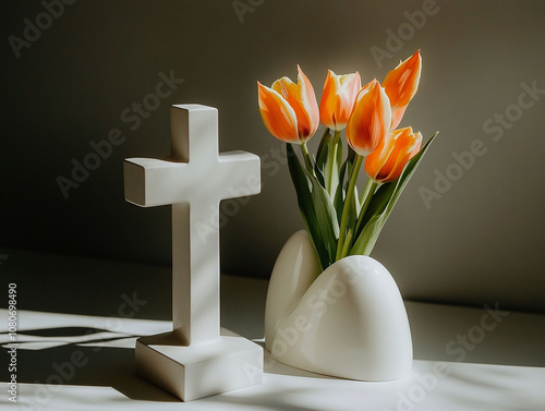 Christian spring background: cross iand tulips photo