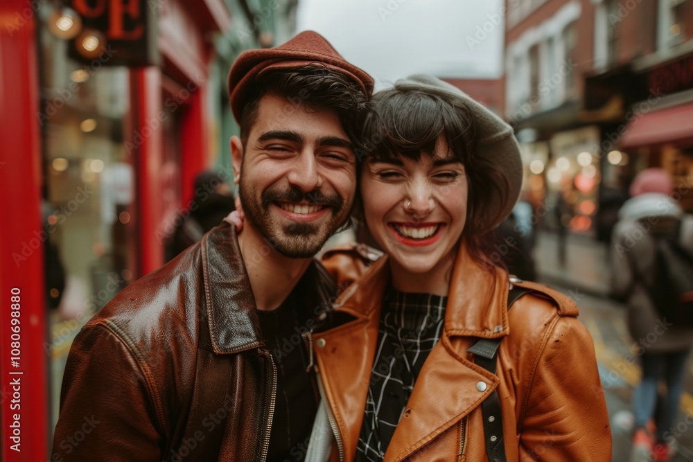 Portrait of a joyful mixed race couple in their 30s sporting a stylish leather blazer isolated in busy urban street Portrait of a joyful mixed race couple in their 30s sporting a stylish leather blazer isolated in busy urban street