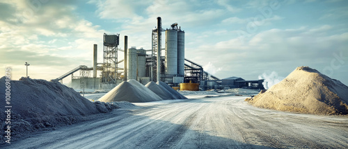 Industrial cement plant with sand and gravel piles under a blue-gray sky, showcasing modern processing techniques and materials on a winter day